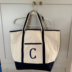 Canvas Tote Bag with 'C' Monogram - Cream and Navy Blue